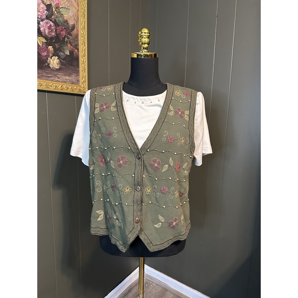 Alfred Dunner Petites Green Embroidered Floral Vest Top 12P